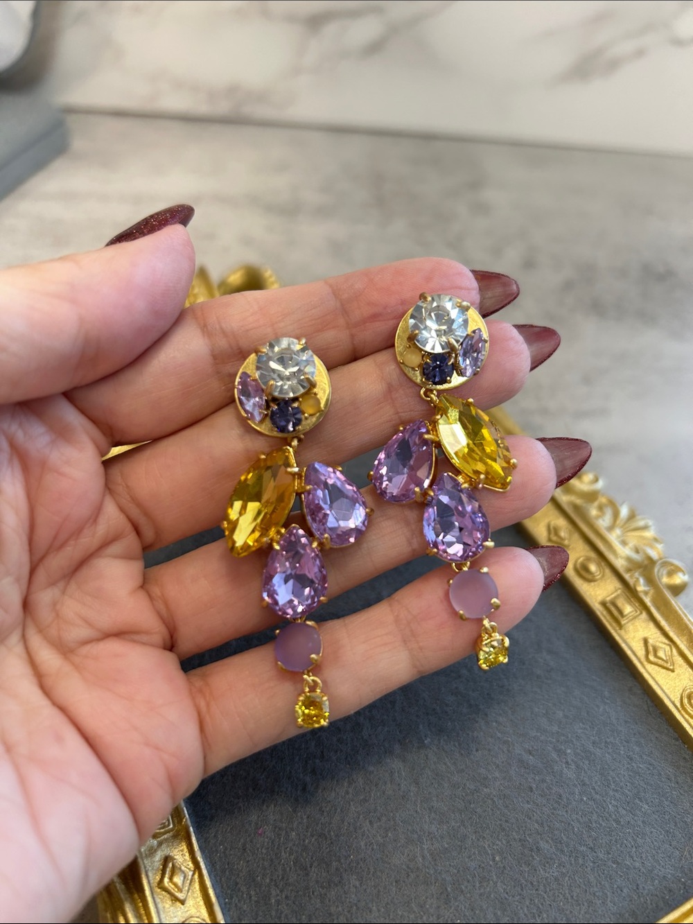 J. Crew Gold-Tone Lilac & Yellow Crystal Drop Earrings